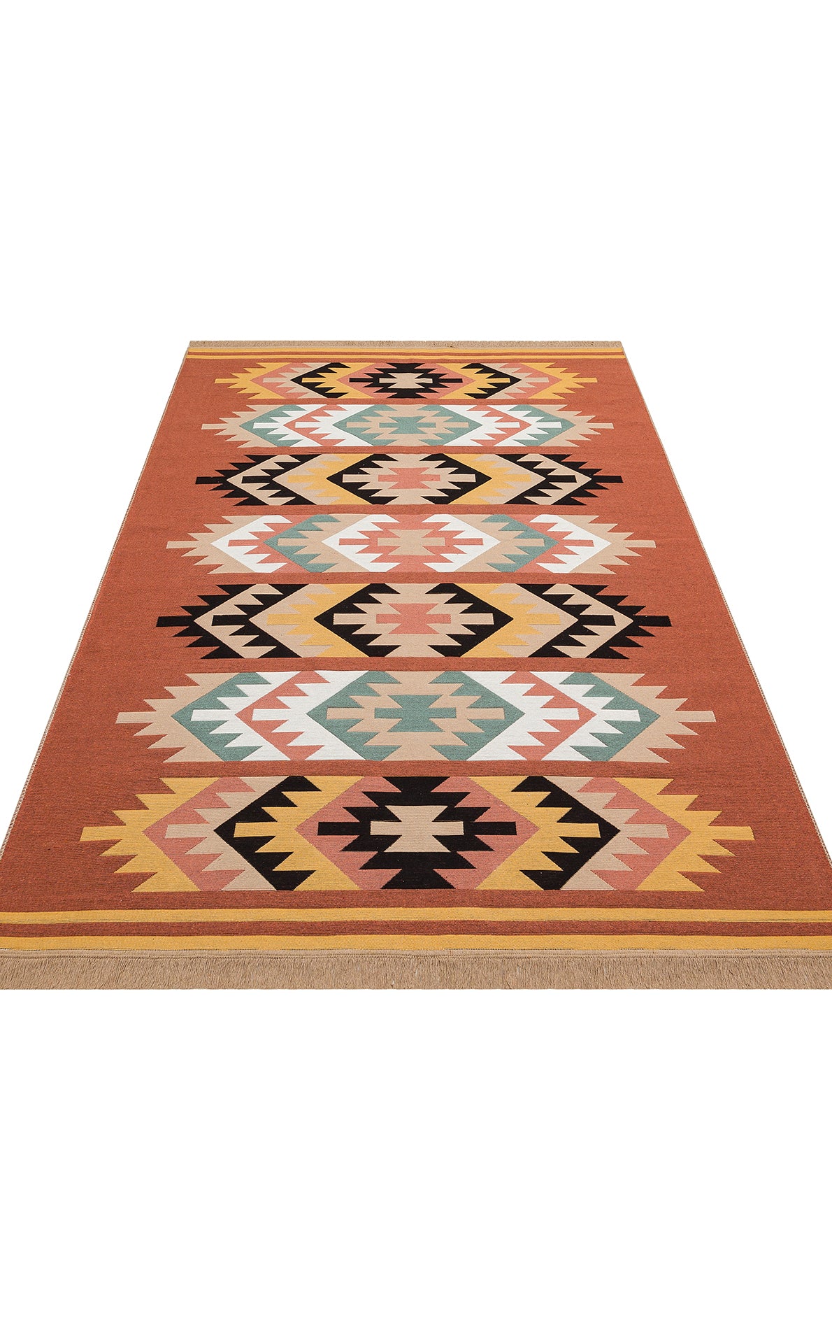 Artisan Mesh - Washable Double-Sided Kilims - AR39 is a flat-woven, washable kilim with bold geometric diamond patterns in earthy tones of orange, beige, black, teal, and yellow.
