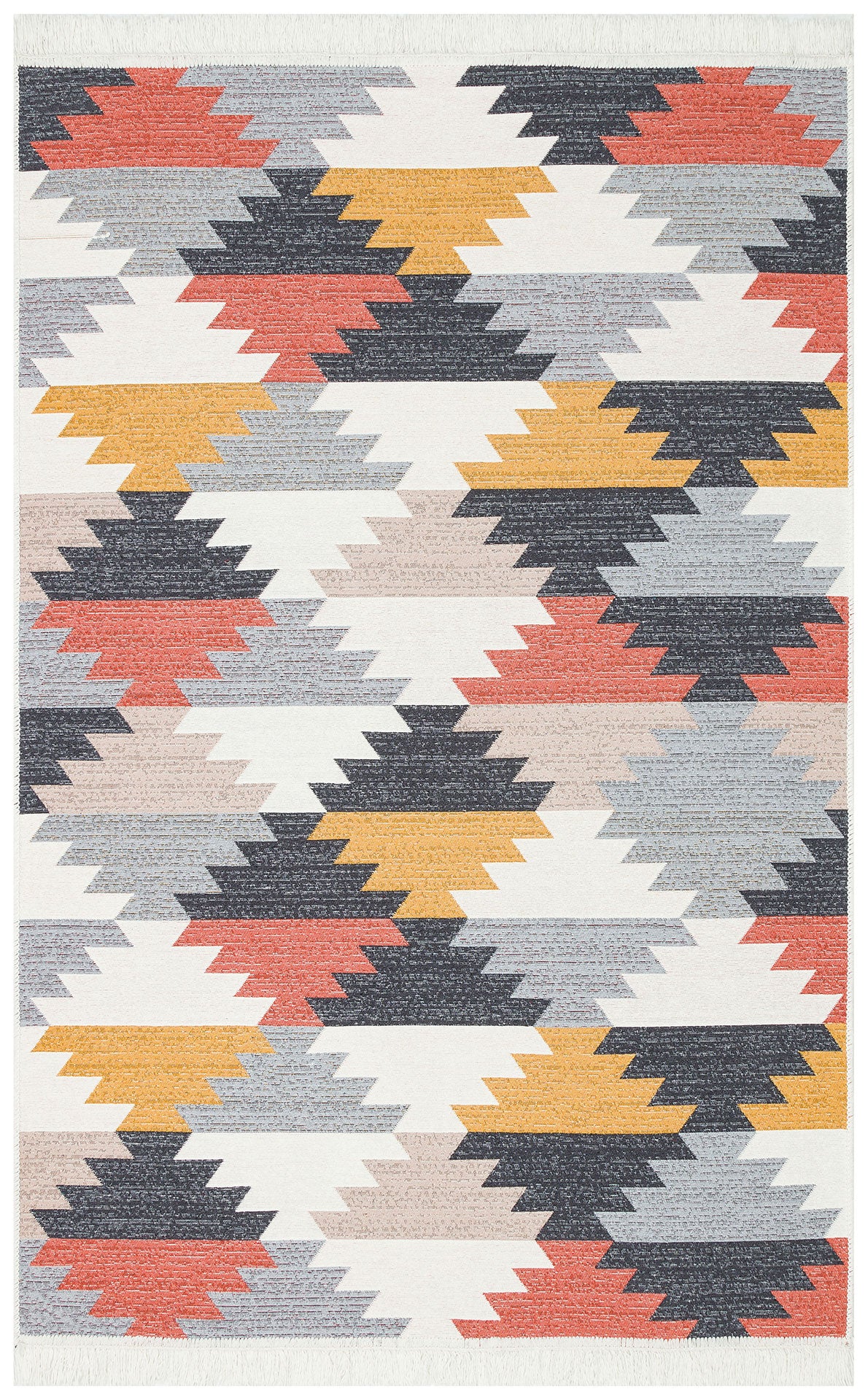 The Artisan Touch - Washable Double-Sided Kilims - AR20 features a rectangular rug with a yellow, orange, navy, light blue, and gray zigzag pattern on white. The modern geometric design repeats across the entire washable rug.