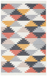 The Artisan Touch - Washable Double-Sided Kilims - AR20 features a rectangular rug with a yellow, orange, navy, light blue, and gray zigzag pattern on white. The modern geometric design repeats across the entire washable rug.