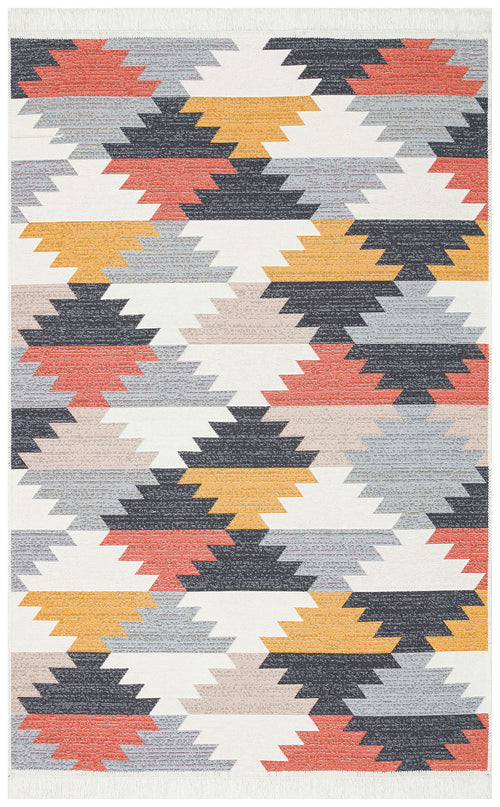 Load image 1 in gallery view. The Artisan Touch - Washable Reversible Kilims - AR20 features a rectangular rug with a yellow, orange, navy, light blue, and gray zigzag pattern on white. The modern geometric design repeats across the entire washable rug.