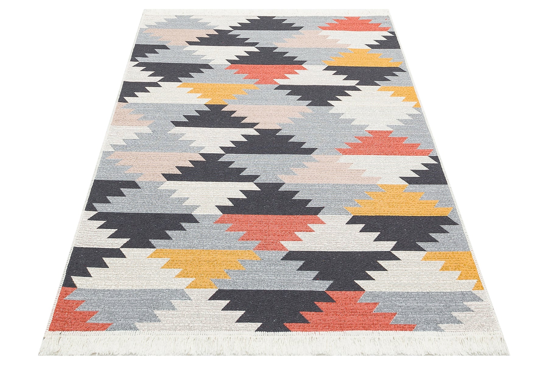 The Artisan Touch - Washable Double-Sided Kilims - AR20 features black, gray, yellow, orange, and pink zigzag and diamond patterns. Made from recycled cotton, this reversible rug has fringes on one short end for added style.