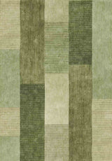 The Artisanal Essence - Washable Rug - JRN32 (Custom Size) features a geometric checkered pattern in green and beige rectangles, some accented with horizontal or vertical lines for added texture, offering a stylish flat weave design.