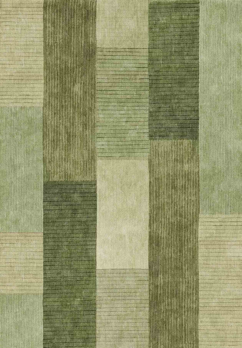 Load image 1 in gallery view. The Artisanal Essence - Washable Rug - JRN32 (Custom Size) features a geometric checkered pattern in green and beige rectangles, some accented with horizontal or vertical lines for added texture, offering a stylish flat weave design.