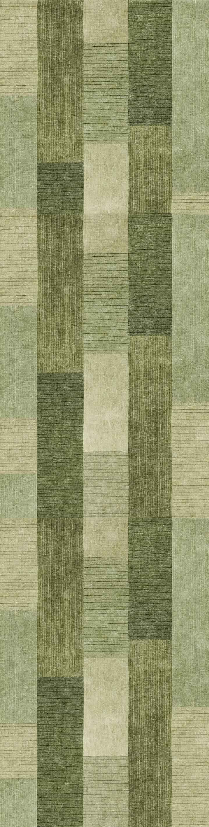The Artisanal Essence - Washable Rug - JRN32 (Custom Size) features a rectangular shape with a checkered pattern of alternating green and beige squares and rectangles in solid and striped textures.