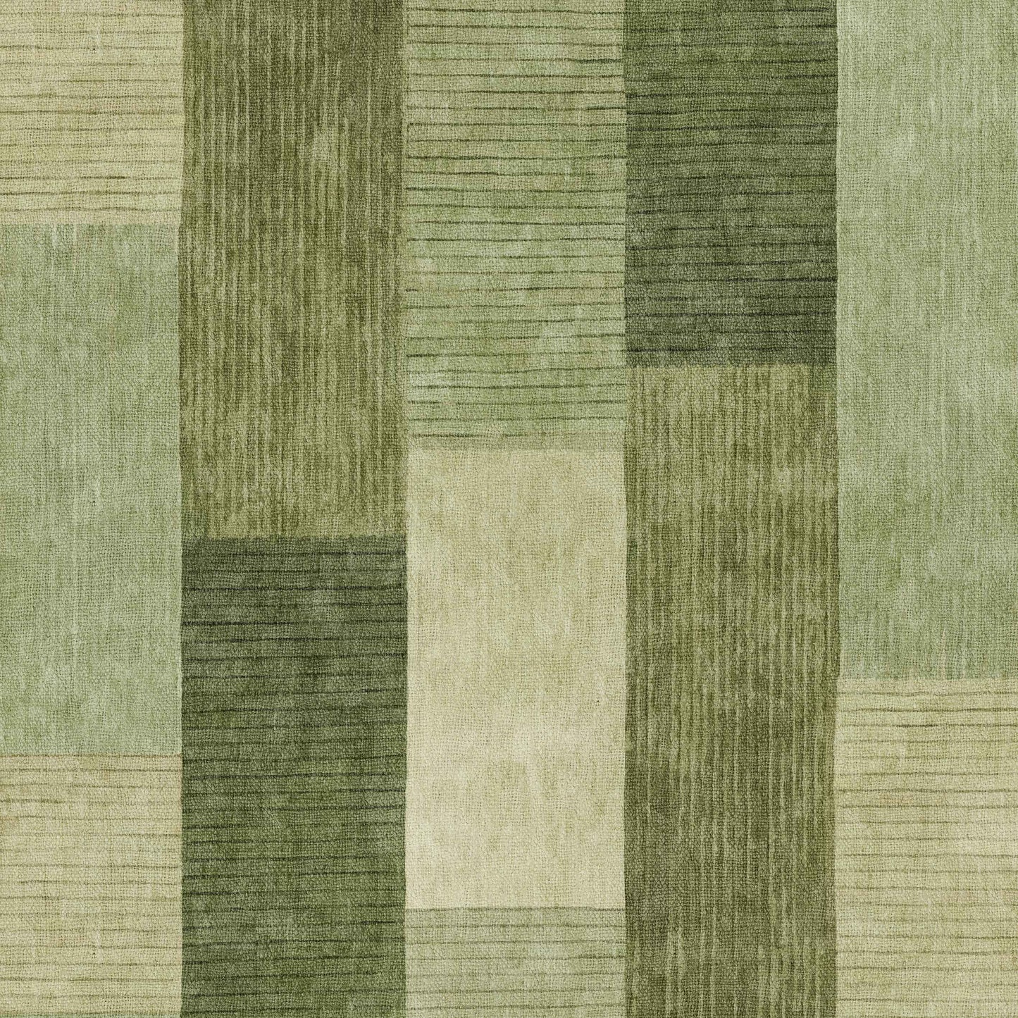 The Artisanal Essence - Washable Rug - JRN32 (Custom Size) features a patchwork of green rectangular shapes with checkered patterns, textured lines, and solid color blocks.