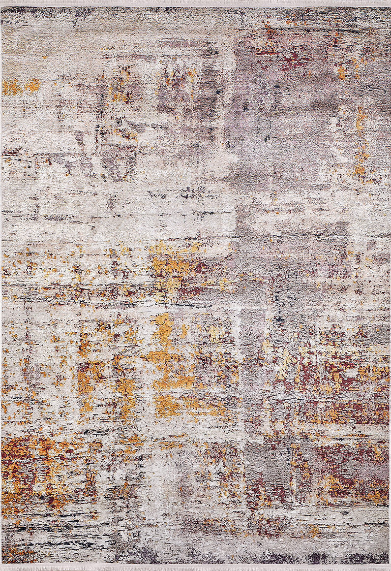 The Artistic Abstraction - Washable Rug - JR775 (Custom Size) features a modern abstract flat weave with a distressed pattern in gray, beige, and gold, boasting irregular patches and textured layers for a contemporary allergy-friendly look.