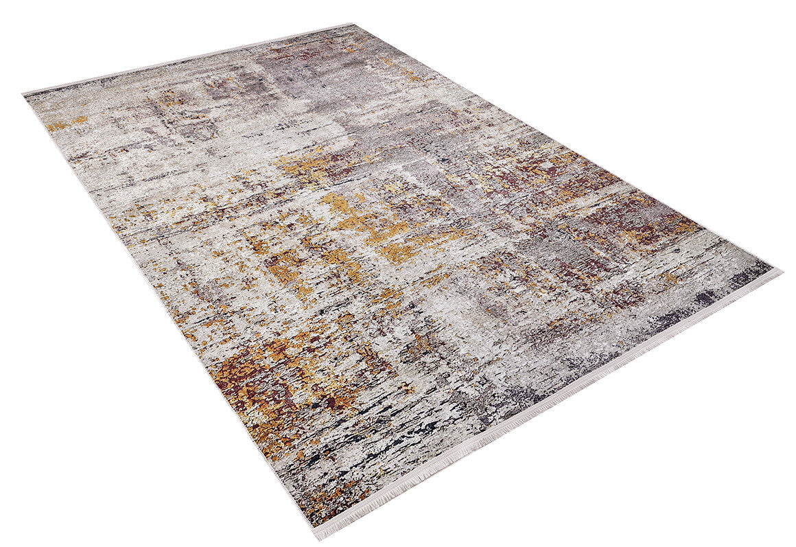 The Artistic Abstraction - Washable Rug - JR775 (Custom Size) features a rectangular, flat weave with an abstract distressed pattern in gray, yellow, and brown. Displayed on a white background, it's stylish and practical for any home.