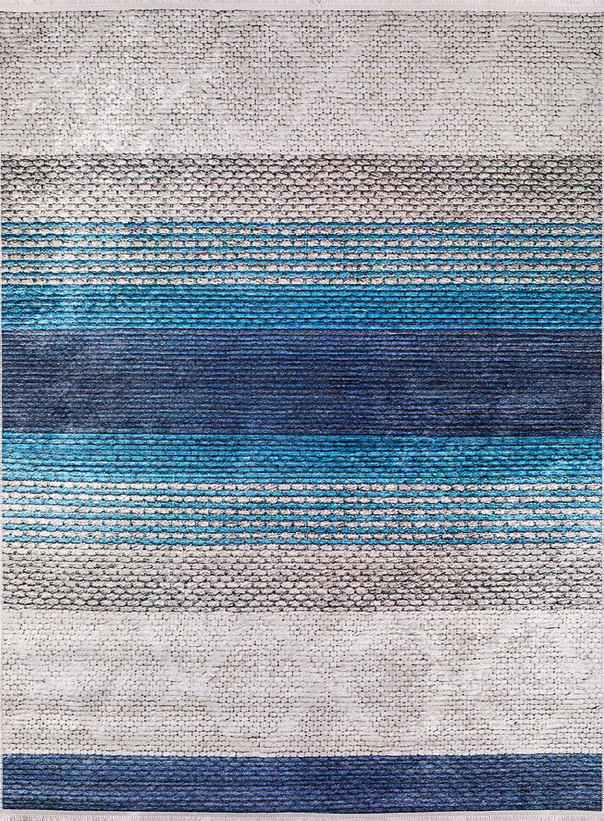The Artistic Angles - Washable Rug - JR908 (Custom Size) is a rectangular flat weave rug with horizontal stripes in blue, turquoise, and gray, featuring woven textures and a light gray diamond pattern in the background.
