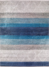 The Artistic Angles - Washable Rug - JR908 (Custom Size) is a rectangular flat weave rug with horizontal stripes in blue, turquoise, and gray, featuring woven textures and a light gray diamond pattern in the background.