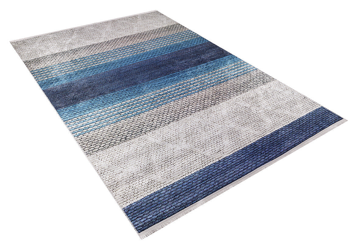 The Artistic Angles - Washable Rug - JR908 features a flat weave in shades of blue, grey, and white with horizontal stripes, textured pattern, fringed short edges, and is available in custom sizes.