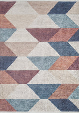 The Asymmetrical Wonder - Washable Rug - JR1725 (Custom Size) features interlocking triangles in blue, rust, beige, and cream—a modern, washable design ideal for allergy-sensitive homes and high-traffic spaces.
