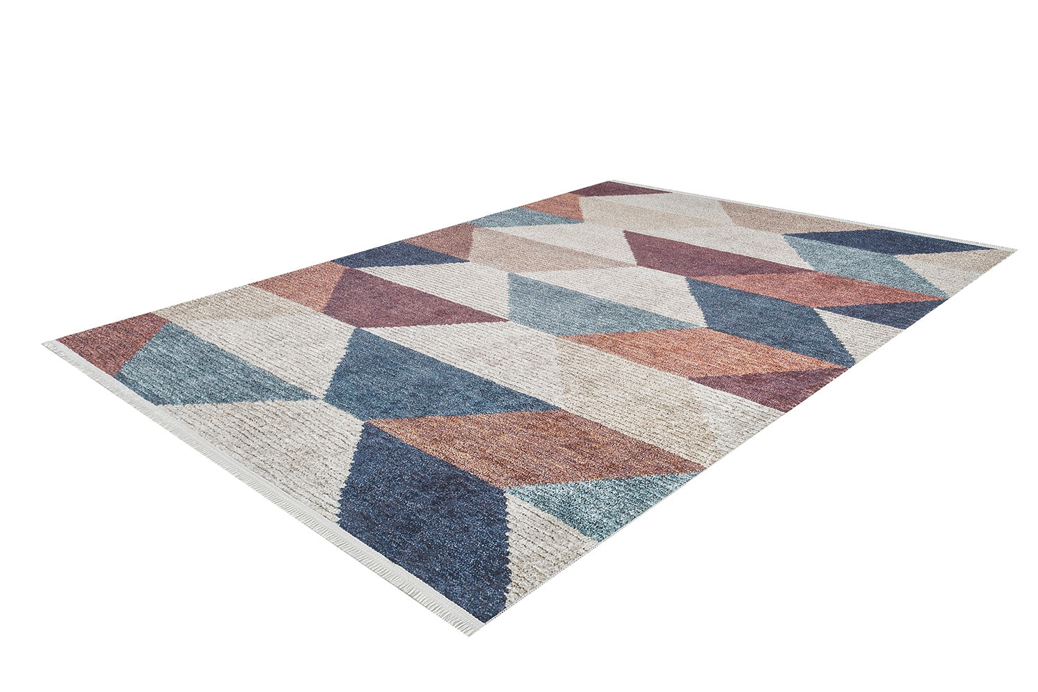 The Asymmetrical Wonder - Washable Rug - JR1725 (Custom Size) showcases a geometric pattern with triangles and parallelograms in blue, rust, beige, and cream—perfect for high-traffic spaces and shown on a white background.