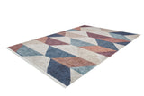 The Asymmetrical Wonder - Washable Rug - JR1725 (Custom Size) showcases a geometric pattern with triangles and parallelograms in blue, rust, beige, and cream—perfect for high-traffic spaces and shown on a white background.