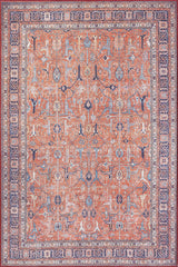 The Aurelius Coral Washable Rug (LCC3005) features intricate Persian-inspired geometric and floral patterns in rust orange, blue, and cream, framed by ornate blue and beige borders—ideal for high-traffic areas and easy to clean.
