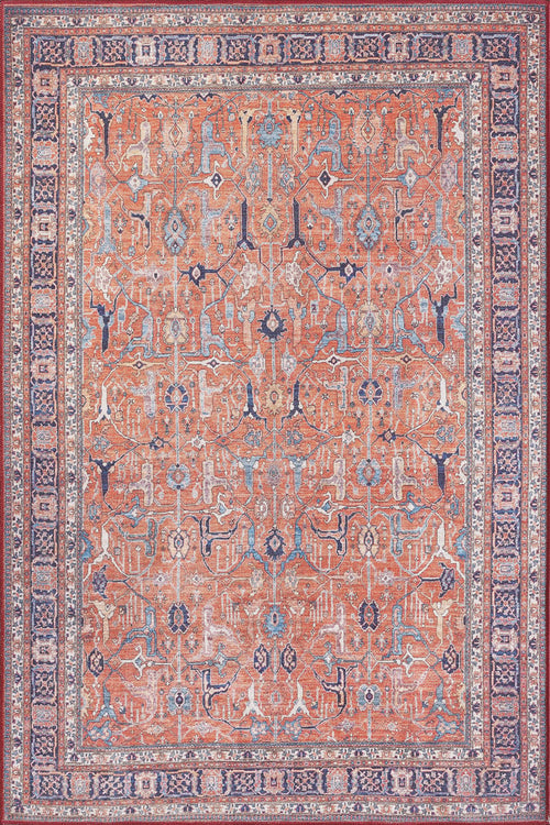Load image 1 in gallery view. The Aurelius Coral Washable Rug (LCC3005) features intricate Persian-inspired geometric and floral patterns in rust orange, blue, and cream, framed by ornate blue and beige borders—ideal for high-traffic areas and easy to clean.