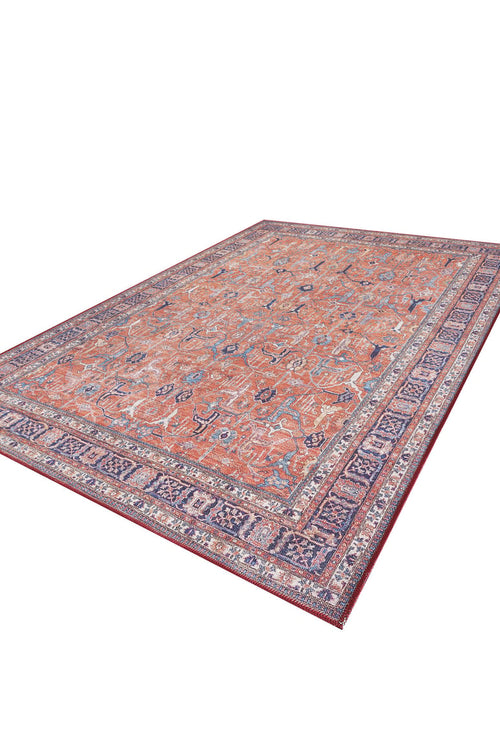 Load image 1 in gallery view. The Aurelius Coral Washable Rug - LCC3005 is a large rectangular flat weave rug featuring an intricate blue, red, and beige pattern with a detailed border, ideal for high-traffic areas and shown laid flat on a white background.