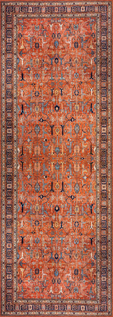 The Aurelius Coral Washable Rug - LCC3005 is a rectangular flat weave featuring an intricate geometric pattern in red, blue, and beige. Durable and ideal for high-traffic areas, it displays repeating motifs framed by decorative borders.