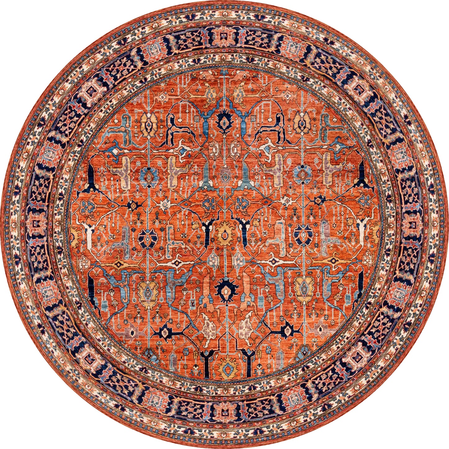 The Aurelius Coral Washable Rug - LCC3005 is a round, ornate Persian flat weave with an intricate geometric and floral pattern in red, blue, white, and gold—durable for high-traffic areas with a decorative symmetrical border.