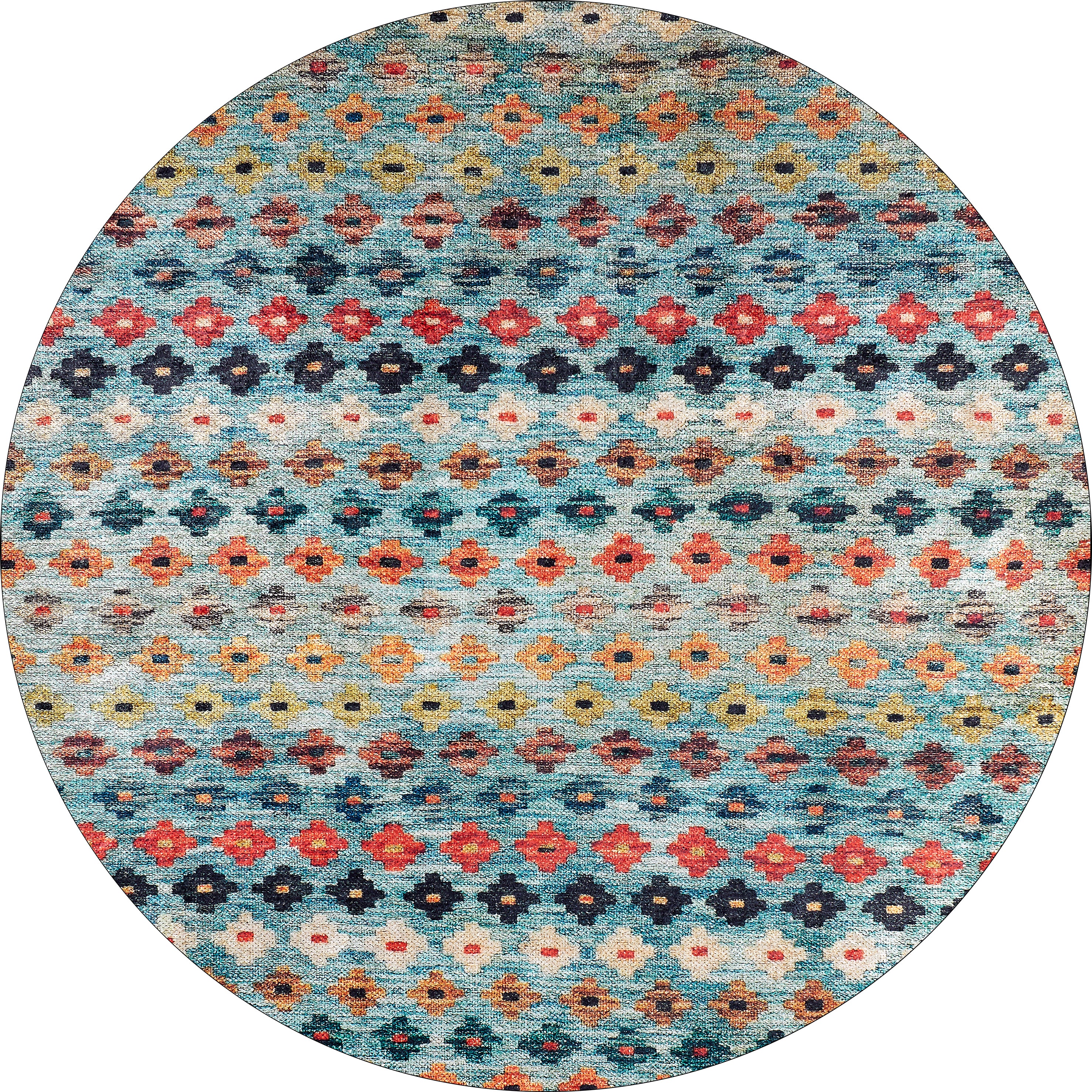 The Aztec Ambience - Washable Rug - JR1086 is an oval-shaped, multicolor rug with rows of vibrant geometric patterns and a textured woven look—ideal for adding style to busy, high-traffic spaces.