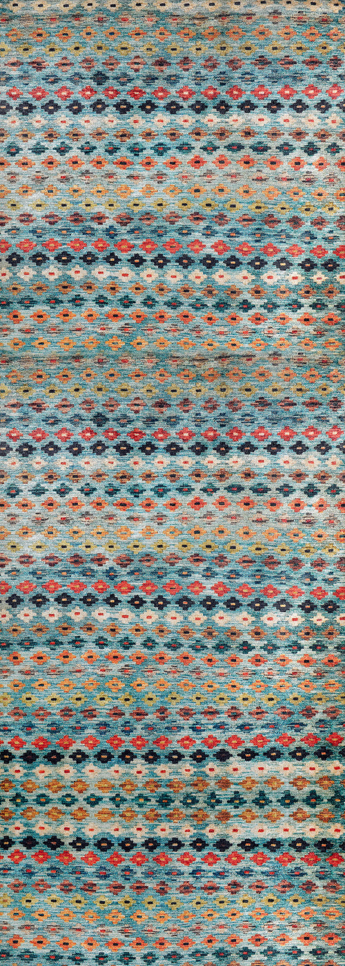 Load image 1 in gallery view. The Aztec Ambience Washable Rug (JR1086) features a repeating geometric pattern with horizontal rows of small ovals and diamonds in blue, orange, red, and brown—ideal as a multicolor rug for high-traffic areas.
