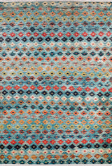 The Aztec Ambience - Washable Rug - JR1086 features a colorful, multicolor design with rows of small diamonds in blue, red, yellow, orange, and teal. Its distressed texture creates a vintage boho look—ideal for high-traffic areas and available in custom sizes.