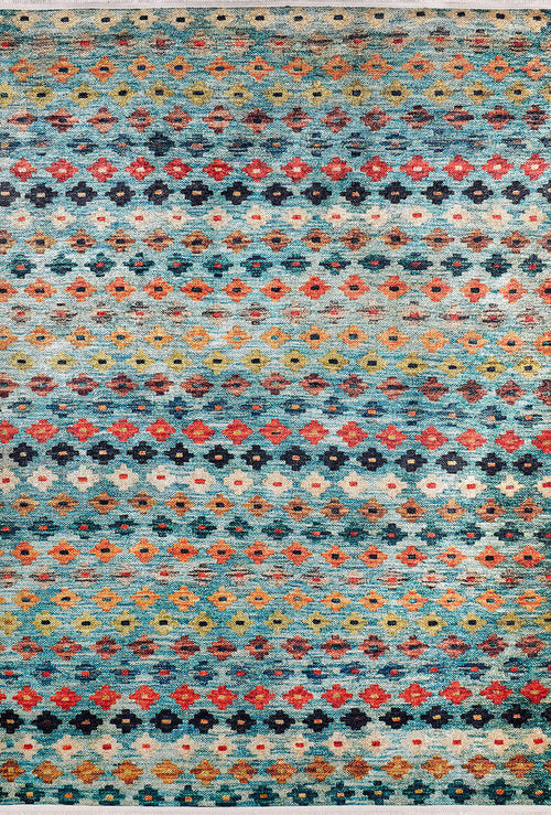 Load image 1 in gallery view. The Aztec Ambience - Washable Rug - JR1086 features a colorful, multicolor design with rows of small diamonds in blue, red, yellow, orange, and teal. Its distressed texture creates a vintage boho look—ideal for high-traffic areas and available in custom sizes.