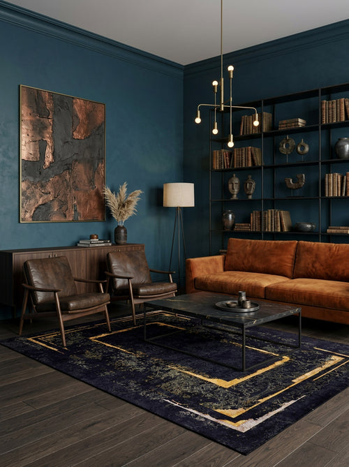 Load image 1 in gallery view. A modern living room with a rust sofa, two brown leather chairs, a black coffee table on the Azure Glow - Washable Rug - JR1337—ideal for high-traffic areas—dark bookshelves, a tall floor lamp, abstract wall art, and dark blue walls with decor.