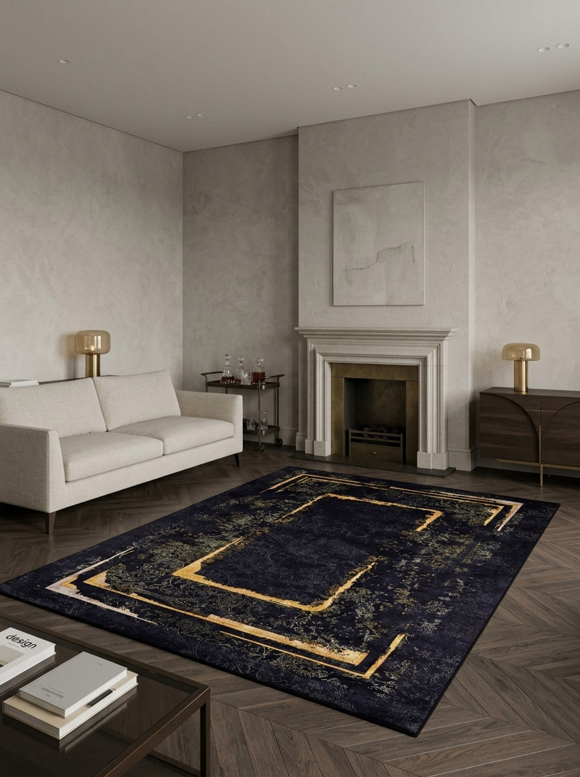 A modern living room features a light sofa, gold lamps, marble fireplace, minimal décor, and the Azure Glow - Washable Rug - JR1337 with gold geometric patterns—ideal for busy spaces—on brown herringbone wood and light gray walls.