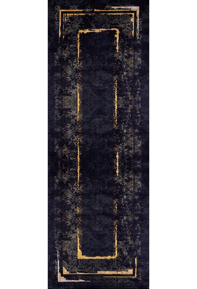 The Azure Glow - Washable Rug - JR1337 (Outlet) US is a black rug with a distressed finish, gold geometric borders forming two overlapping center rectangles, combining style and easy cleaning—perfect for high-traffic spaces.