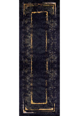 The Azure Glow - Washable Rug - JR1337 (Outlet) US is a black rug with a distressed finish, gold geometric borders forming two overlapping center rectangles, combining style and easy cleaning—perfect for high-traffic spaces.