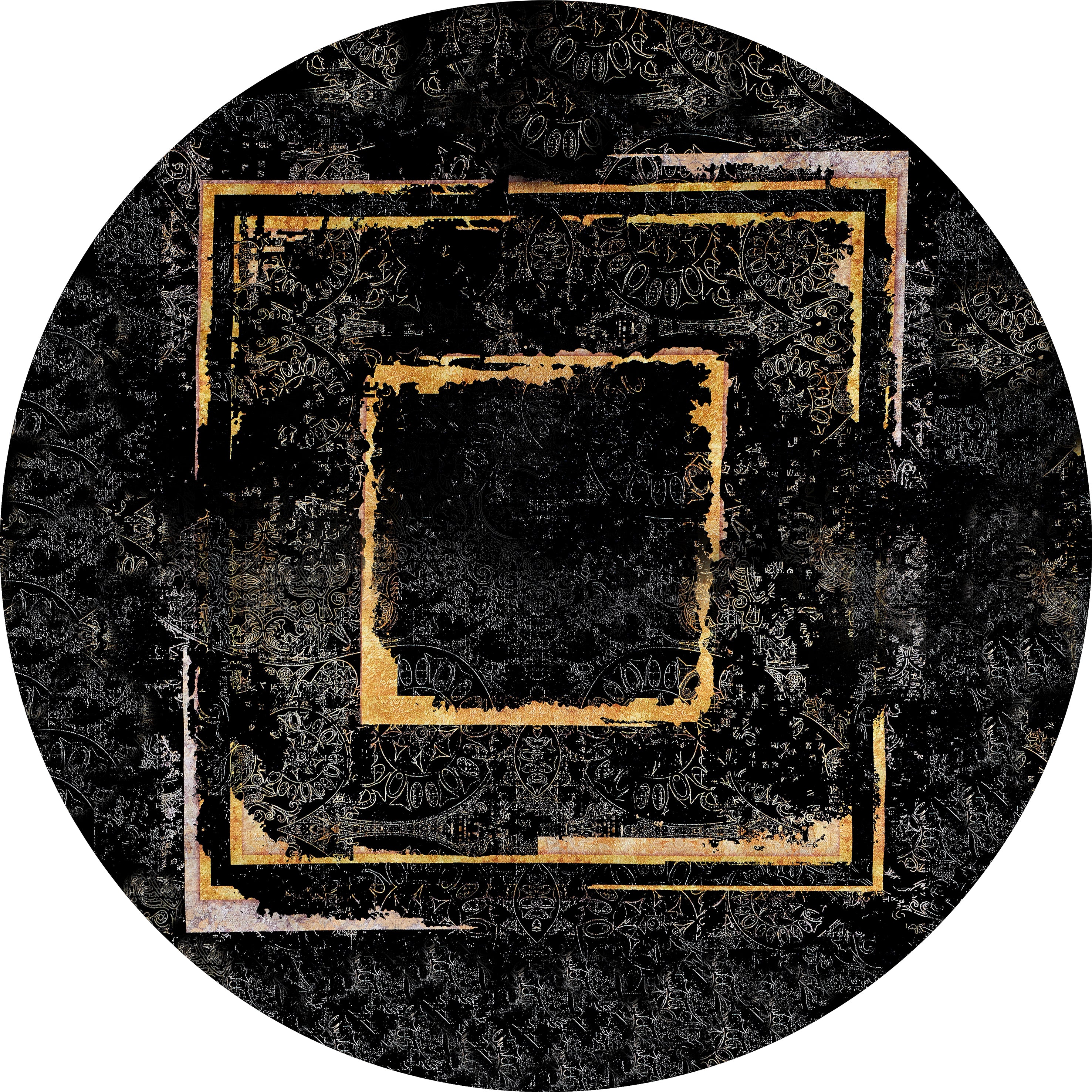 The Azure Glow - Washable Rug - JR1337 is a circular black rug with a distressed look, featuring two gold square frames and subtle floral patterns—durable for high-traffic spaces and conveniently washable.