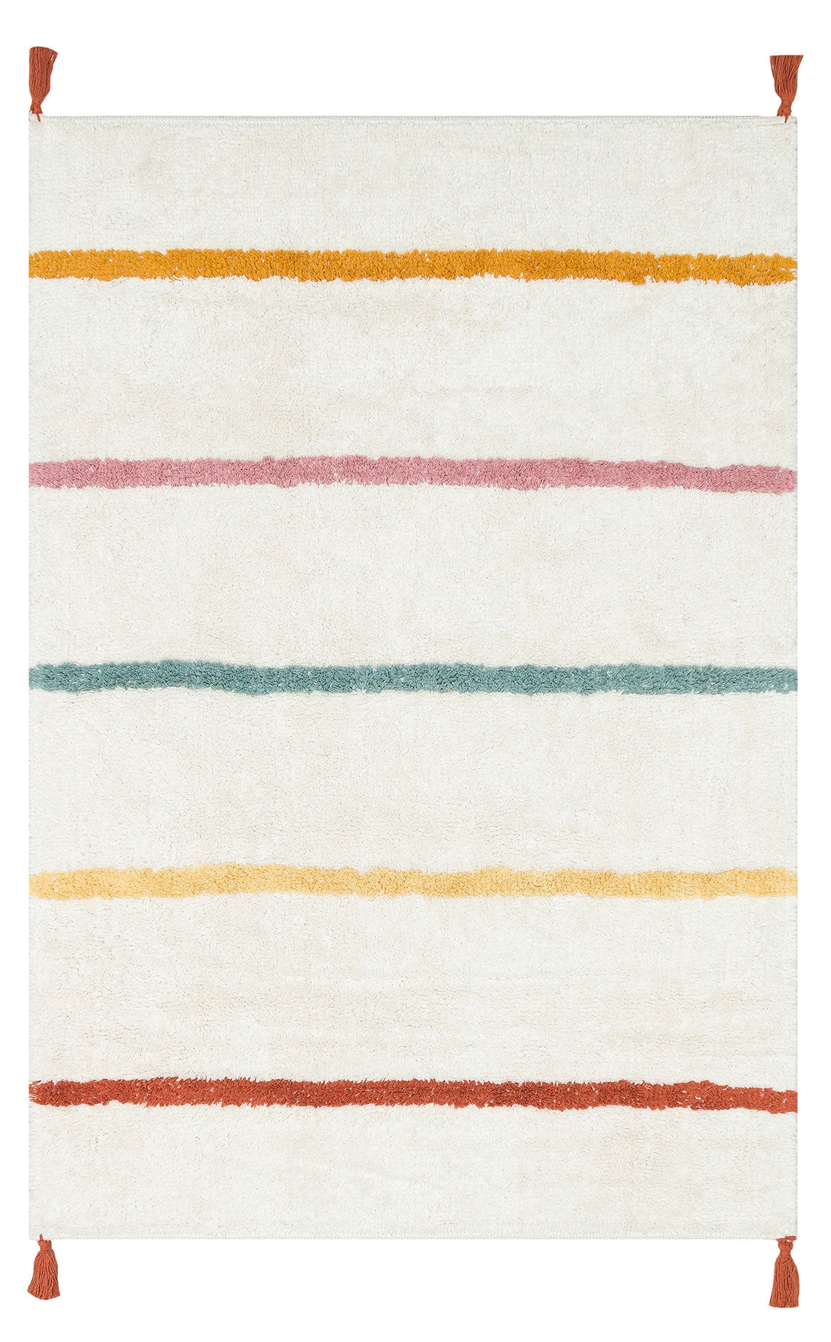 The Baby Breeze - Washable Shaggy - CBN01 is a rectangular white cotton playroom rug with evenly spaced yellow, orange, pink, green, and red stripes and small orange tassels at each corner—ideal for modern kids’ rooms