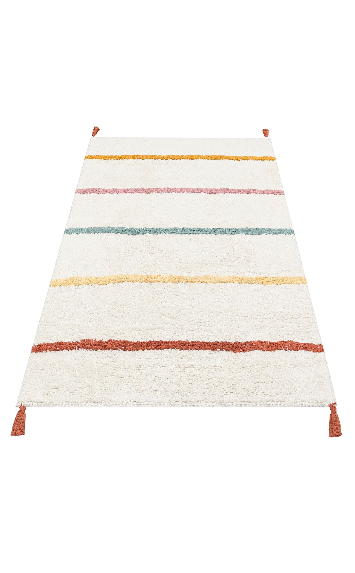 The Baby Breeze - Washable Shaggy - CBN01 rug features horizontal pastel stripes (pink, yellow, green, orange) and four orange tassels at each corner. This rectangular kids’ room rug is washable and shown on a white background.