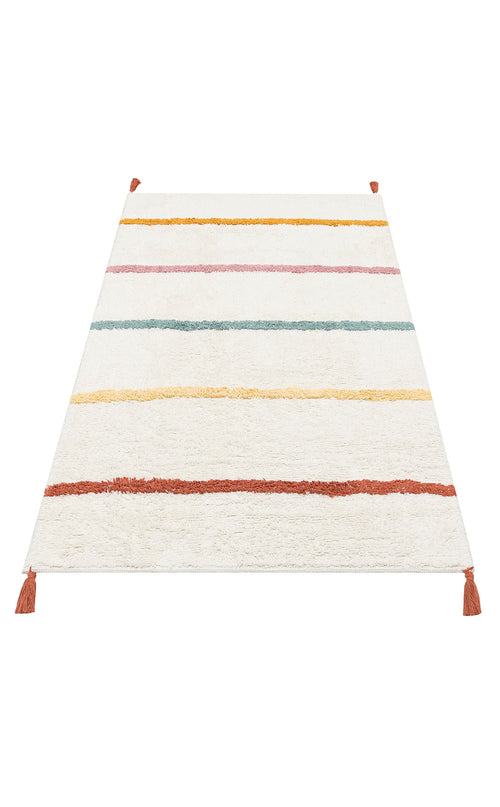 Load image 1 in gallery view. The Baby Breeze - Washable Shaggy - CBN01 rug features horizontal pastel stripes (pink, yellow, green, orange) and four orange tassels at each corner. This rectangular kids’ room rug is washable and shown on a white background.