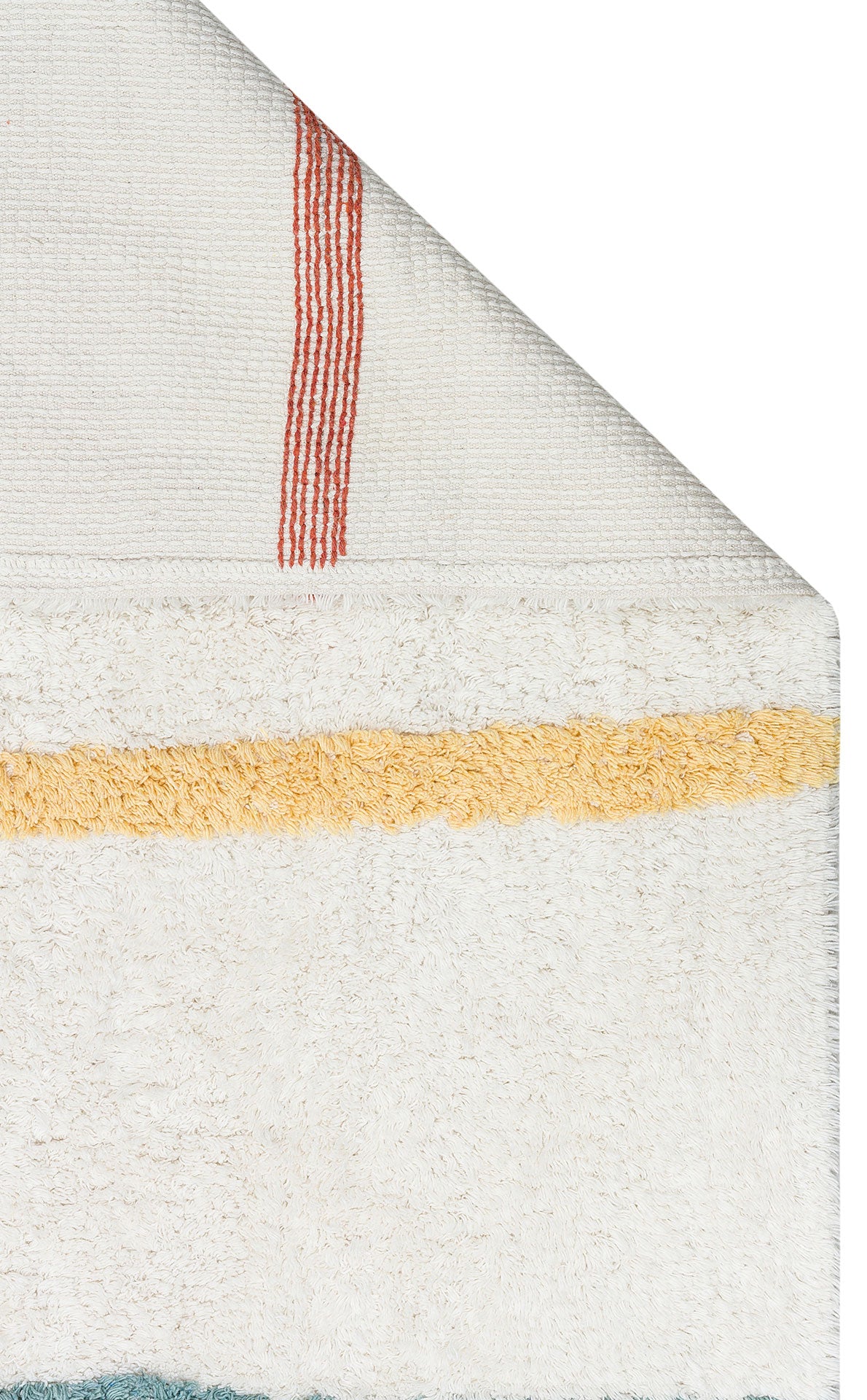 Close-up of a white towel with a textured border, yellow stripe, and folded corner revealing red stitched lines—perfect to pair with the Baby Breeze - Washable Shaggy - CBN01 rug for a cozy kids' room.
