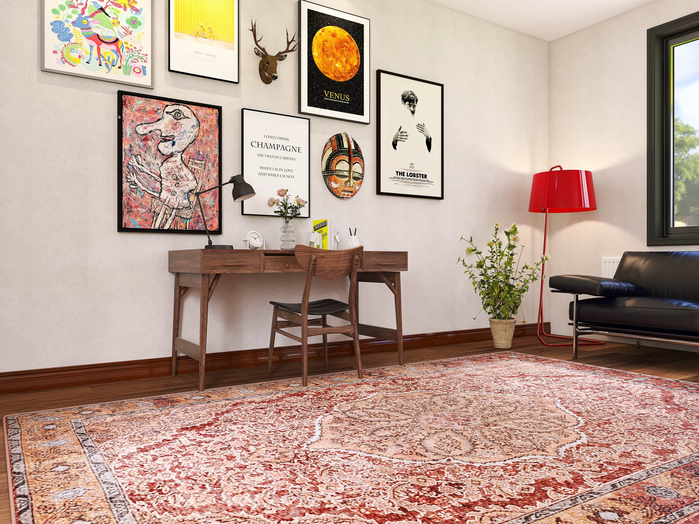 A home office features a wooden desk, chair, wall art above, and the Baroque Charm - Washable Rug - JRN1016 with a medallion design on the floor. A black sofa sits to the right and a red floor lamp stands near a sunlit window.