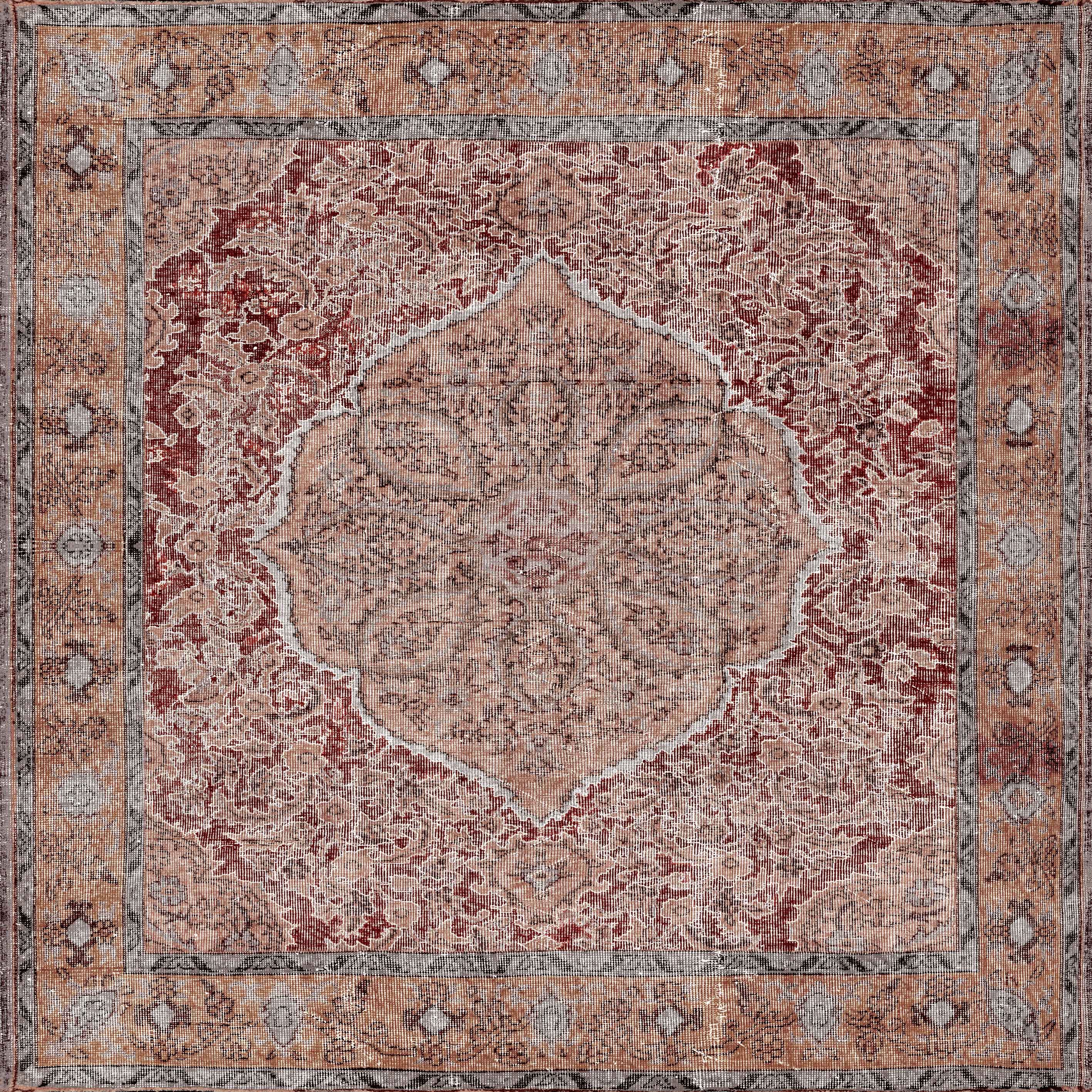 The Baroque Charm - Washable Rug (JRN1016) showcases a vintage-inspired Persian medallion in muted reds, tans, and creams, accented by elaborate floral motifs and a detailed border in coordinating earthy tones.