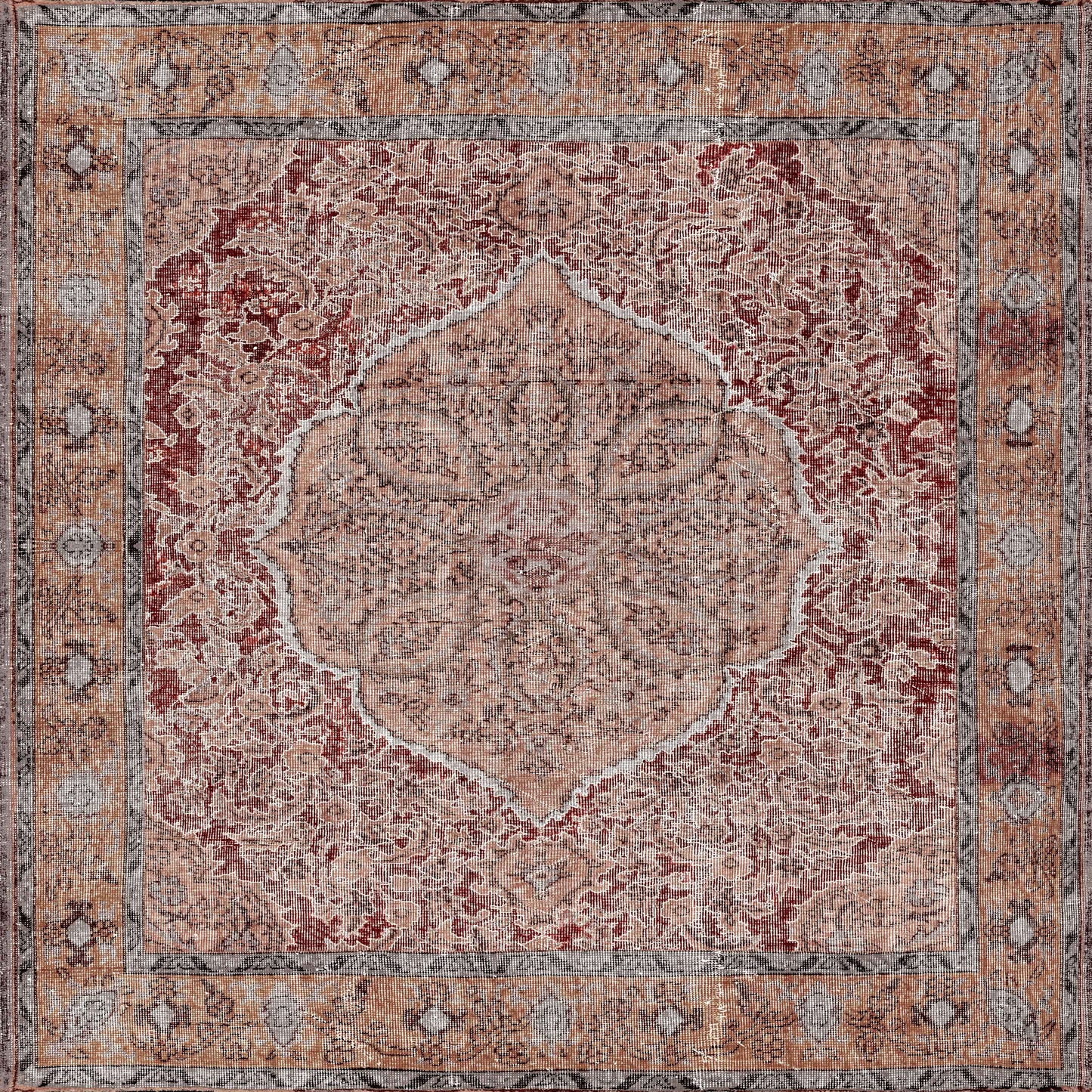 The Baroque Charm - Washable Rug (JRN1016) showcases a vintage-inspired Persian medallion in muted reds, tans, and creams, accented by elaborate floral motifs and a detailed border in coordinating earthy tones.