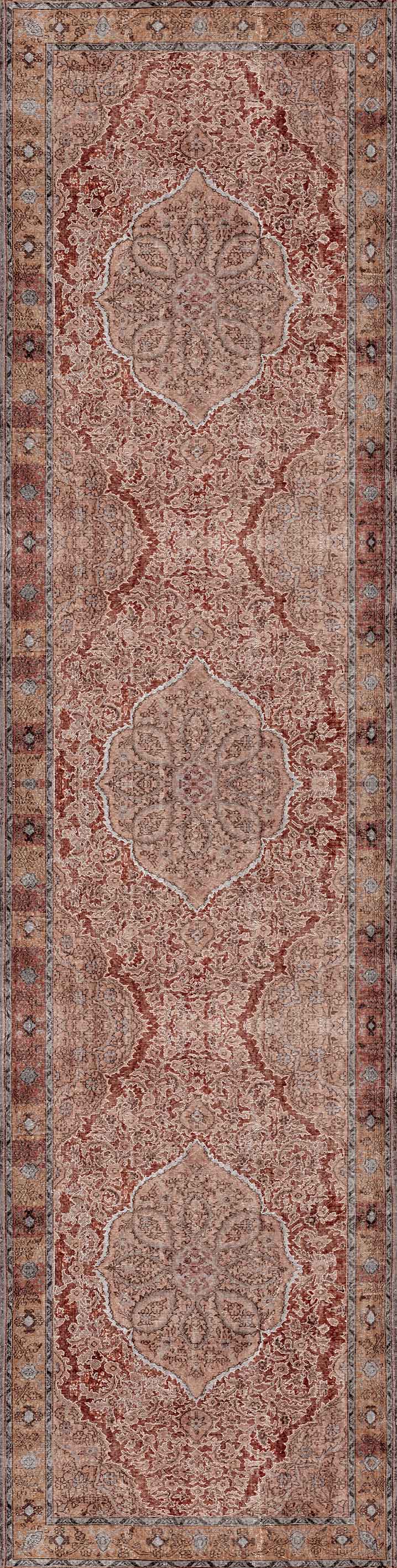 The Baroque Charm - Washable Rug - JRN1016 is a rectangular, vintage-inspired rug with a faded red and beige medallion design, three large central shapes, and detailed decorative borders.