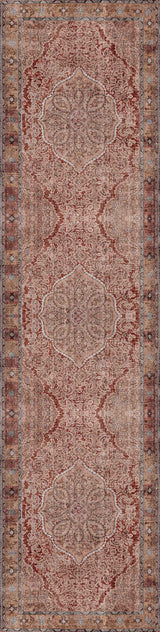 The Baroque Charm - Washable Rug - JRN1016 is a rectangular, vintage-inspired rug with a faded red and beige medallion design, three large central shapes, and detailed decorative borders.