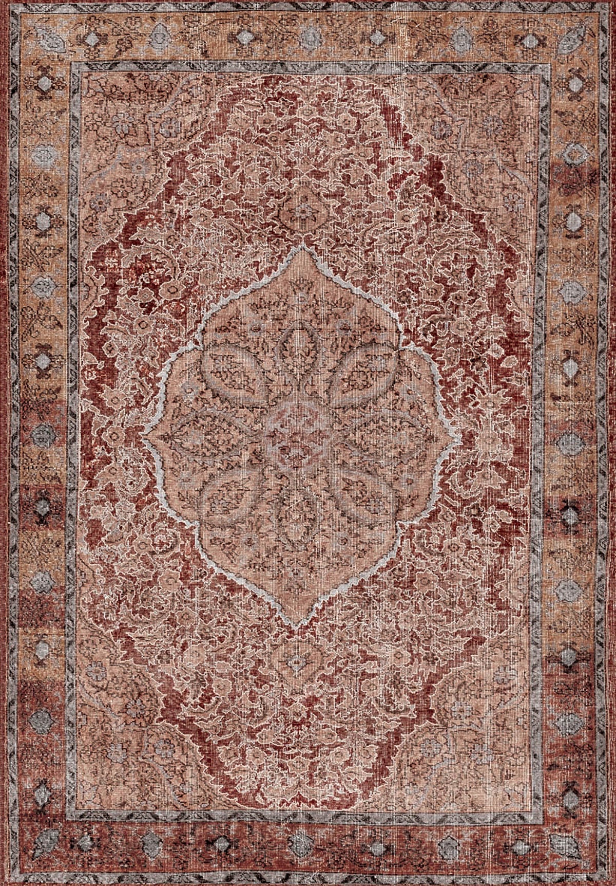 The Baroque Charm - Washable Rug - JRN1016 (Custom Size) is a vintage-inspired rectangular rug with an intricate beige, red, and brown floral pattern, a large central medallion, and a detailed decorative border.