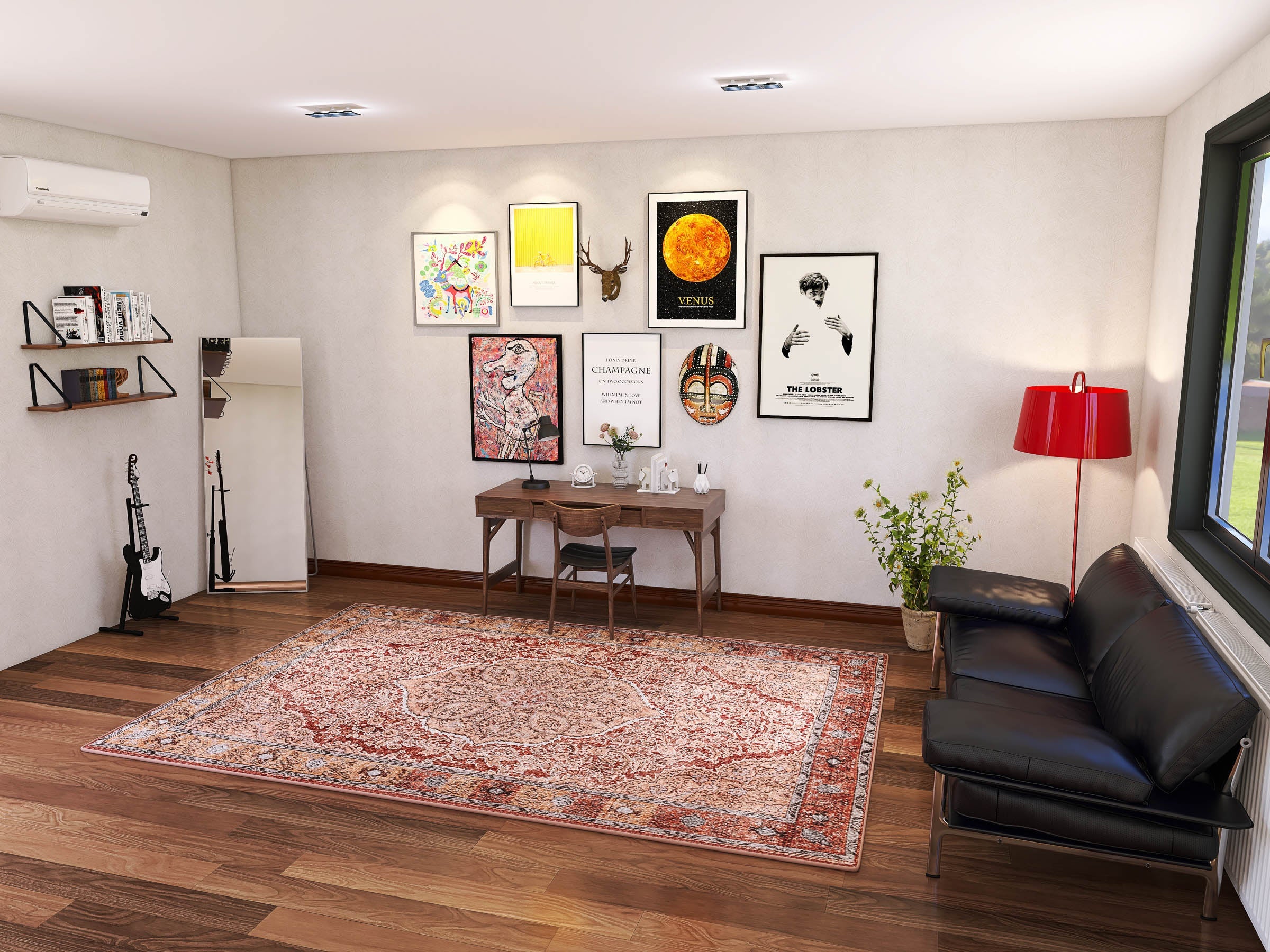 A modern living room with a black sofa, red lamp, and the Baroque Charm - Washable Rug - JRN1016 (Custom Size). A wooden desk holds art supplies; artworks, posters, shelves, guitars, and a plant decorate the space. Natural light streams through a large window.