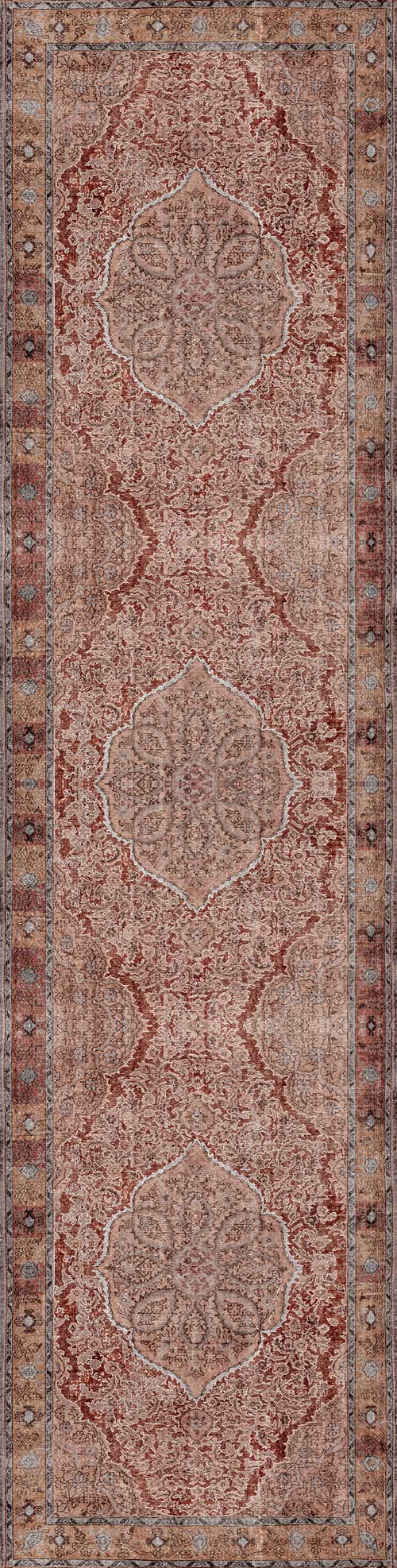 Load image 1 in gallery view. The Baroque Charm - Washable Rug - JRN1016 (Custom Size) features a vintage-inspired rectangular design with three large, faded medallions in muted red and beige, accented by an intricate brown and blue border.