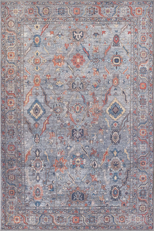 Load image 1 in gallery view. The Bellaris Gray Washable Rug - LCC3003 (Outlet) US is a rectangular flat weave rug featuring detailed floral and geometric patterns in blue, orange, red, and beige with a decorative border.