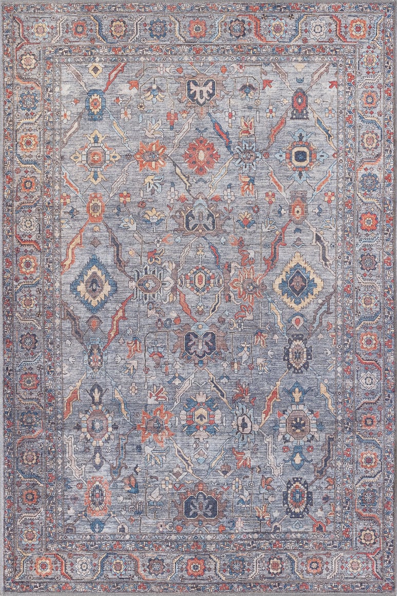 The Bellaris Gray Washable Rug - LCC3003 (Outlet) US is a rectangular flat weave rug featuring detailed floral and geometric patterns in blue, orange, red, and beige with a decorative border.