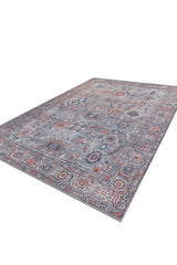 The Bellaris Gray Washable Rug - LCC3003 (Outlet) US, a large rectangular flat weave with an intricate pattern in blue, red, and beige tones, is shown angled on a white background.