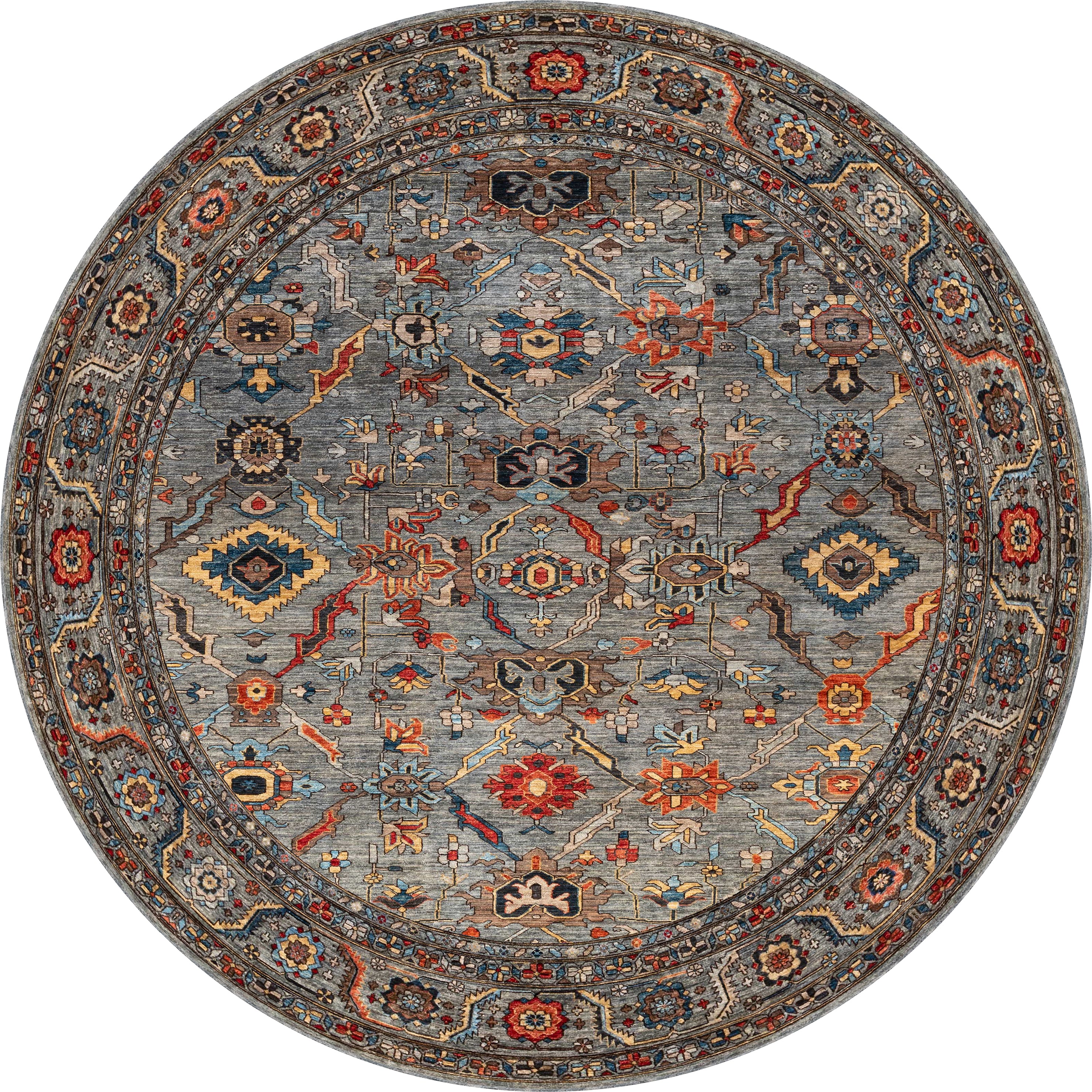 The Bellaris Gray Washable Rug - LCC3003 features a round shape and a detailed geometric and floral pattern in blue, red, gold, and beige with a decorative border—perfect for allergy-sensitive or high-traffic areas.