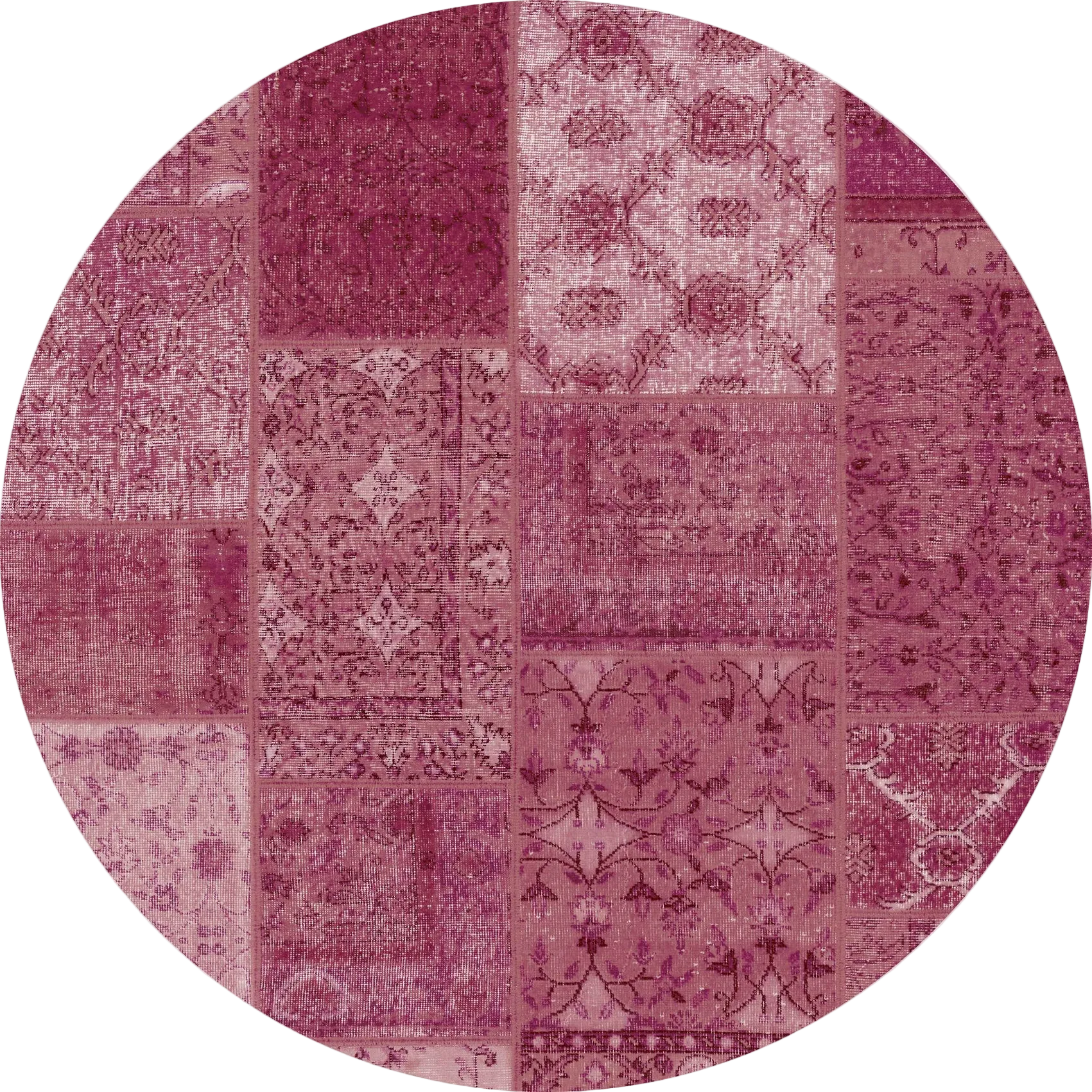 Berry Patchwork - Washable Rug (JRN1040) is a round rug with pink and purple patchwork, each rectangle featuring intricate patterns. Ideal for allergy-sensitive homes and high-traffic areas, it's easy to wash and maintain.