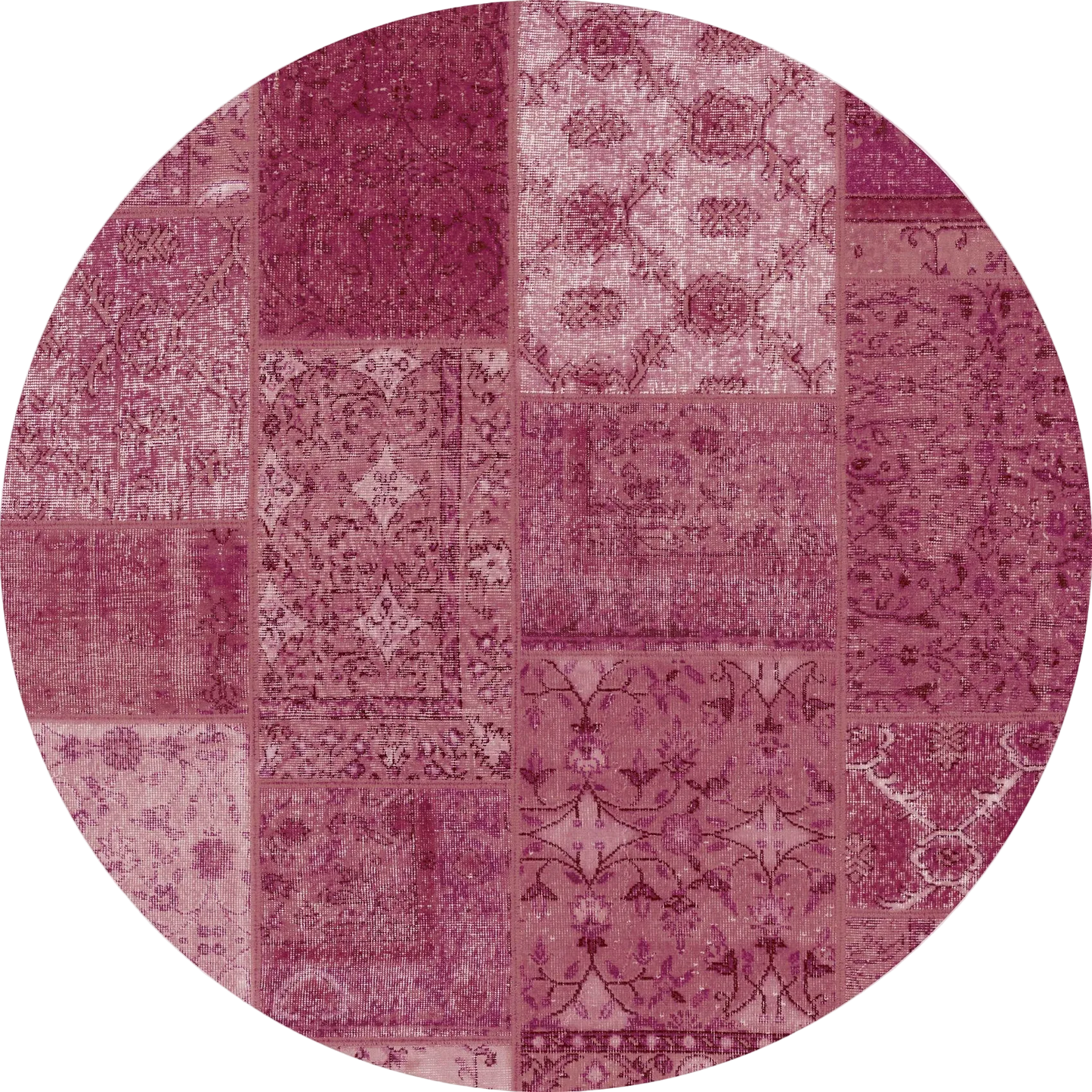 Berry Patchwork - Washable Rug (JRN1040) is a round rug with pink and purple patchwork, each rectangle featuring intricate patterns. Ideal for allergy-sensitive homes and high-traffic areas, it's easy to wash and maintain.