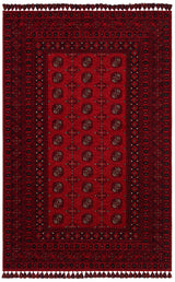 The Berry Pattern - Kilim - BHR04 is a red, machine-made Turkish rug with geometric designs, a central field of black and white octagonal motifs, detailed borders, and tassels on the short edges